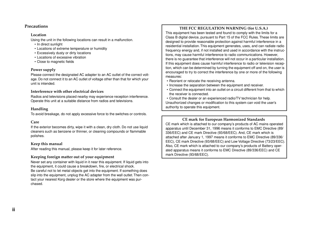 Korg KONTROL49 owner manual Precautions 