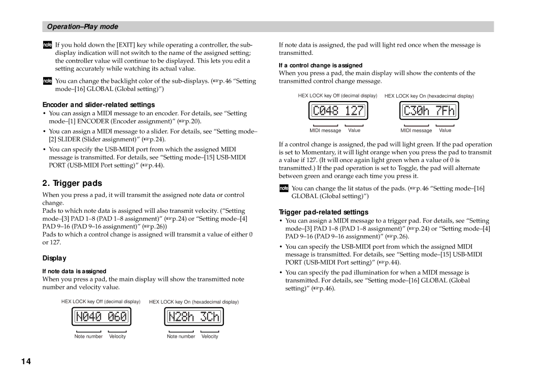 Korg KONTROL49 Trigger pads, Encoder and slider-related settings, Trigger pad-related settings, If note data is assigned 