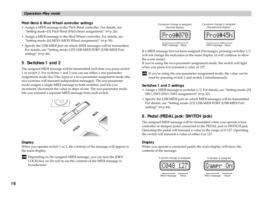 Korg KONTROL49 owner manual Switches 1, Pedal Pedal jack/SWITCH jack, Pitch Bend & Mod Wheel controller settings 