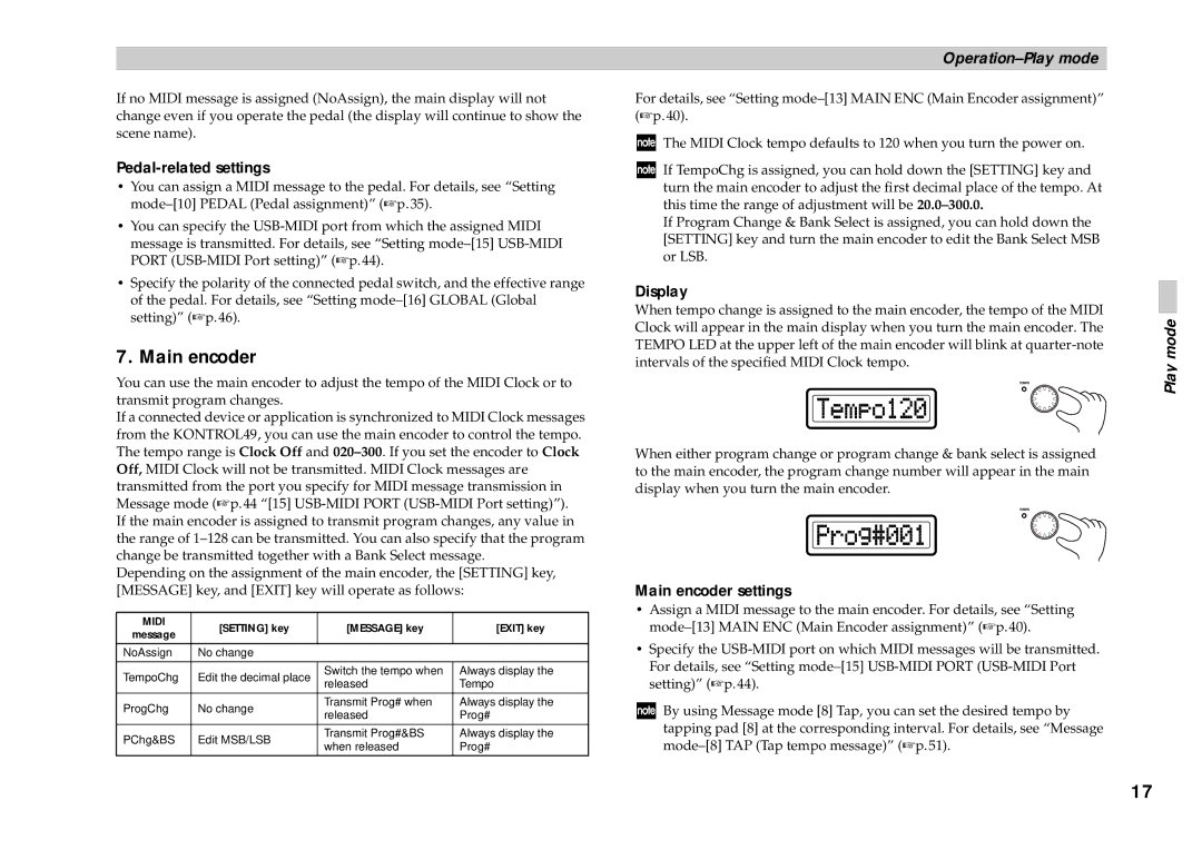 Korg KONTROL49 owner manual Pedal-related settings, Main encoder settings 