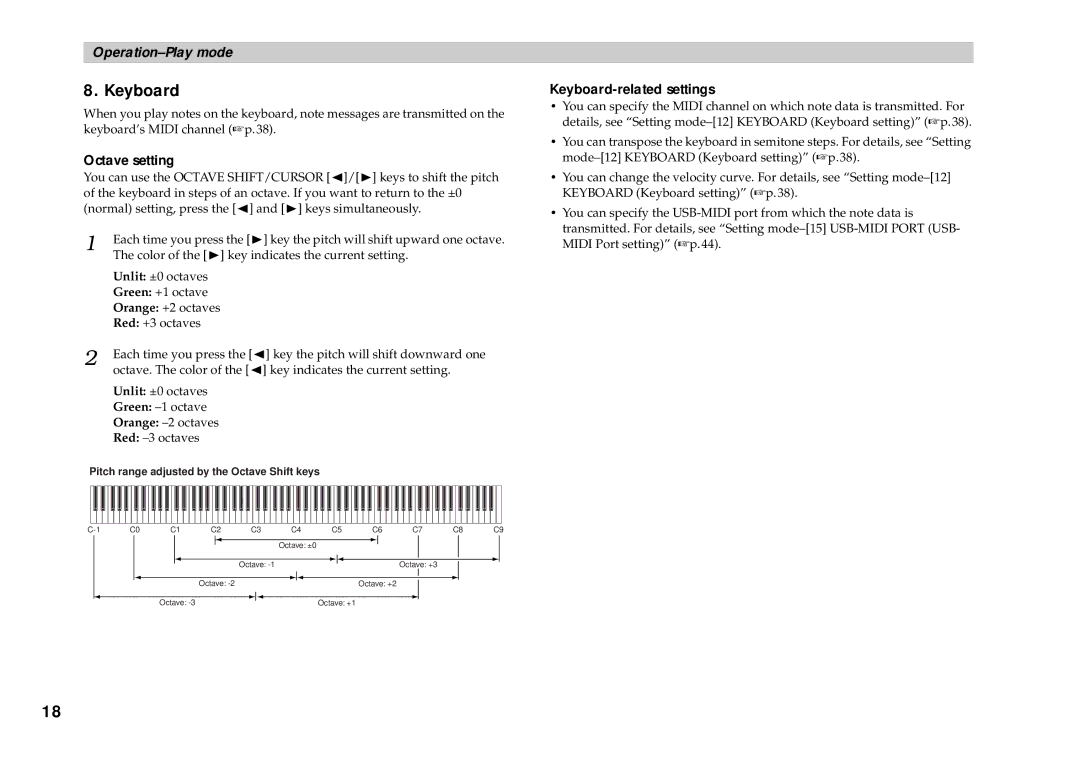 Korg KONTROL49 owner manual Octave setting, Keyboard-related settings 