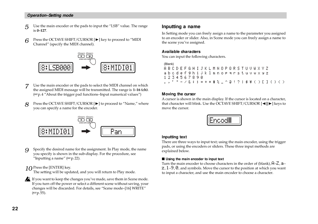 Korg KONTROL49 owner manual Inputting a name, Available characters, Moving the cursor, Inputting text 