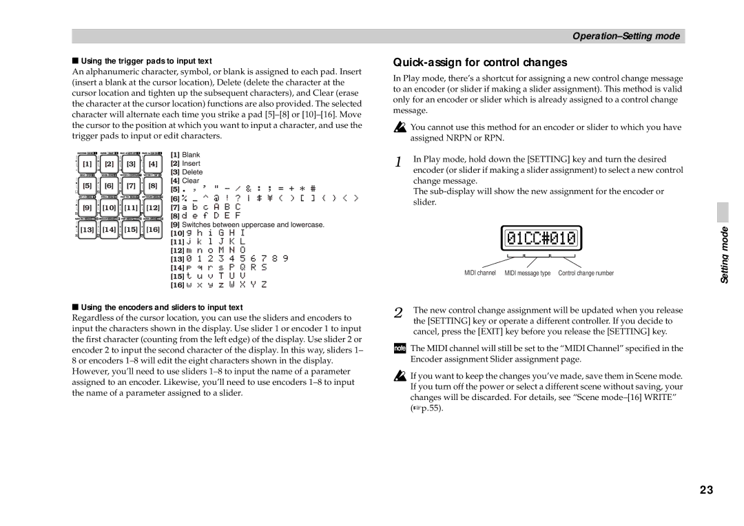 Korg KONTROL49 owner manual Quick-assign for control changes, Using the trigger pads to input text 