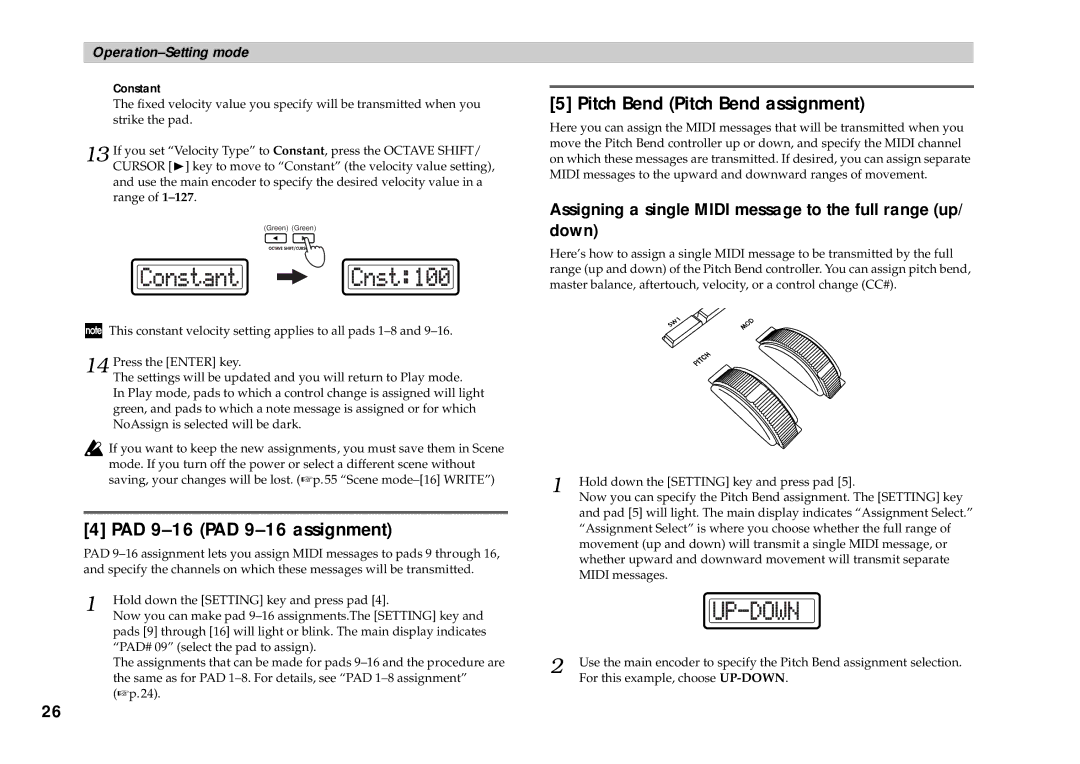 Korg KONTROL49 owner manual PAD 9-16 PAD 9-16 assignment, Pitch Bend Pitch Bend assignment, Constant 