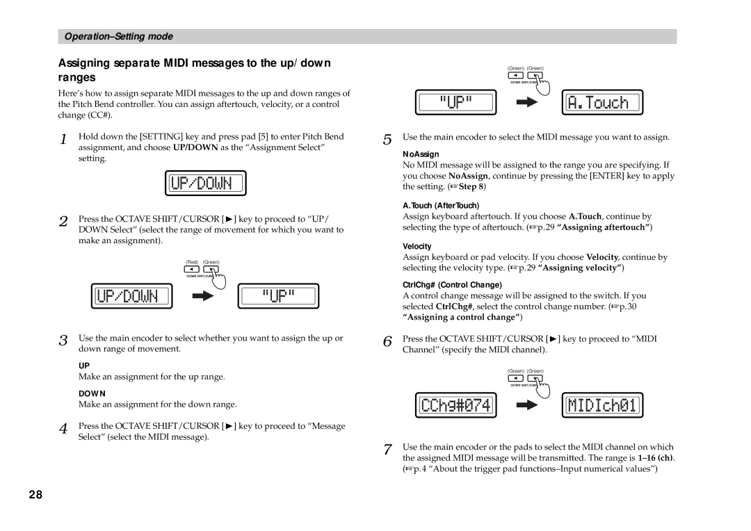 Korg KONTROL49 owner manual Assigning separate Midi messages to the up/down ranges, Down 