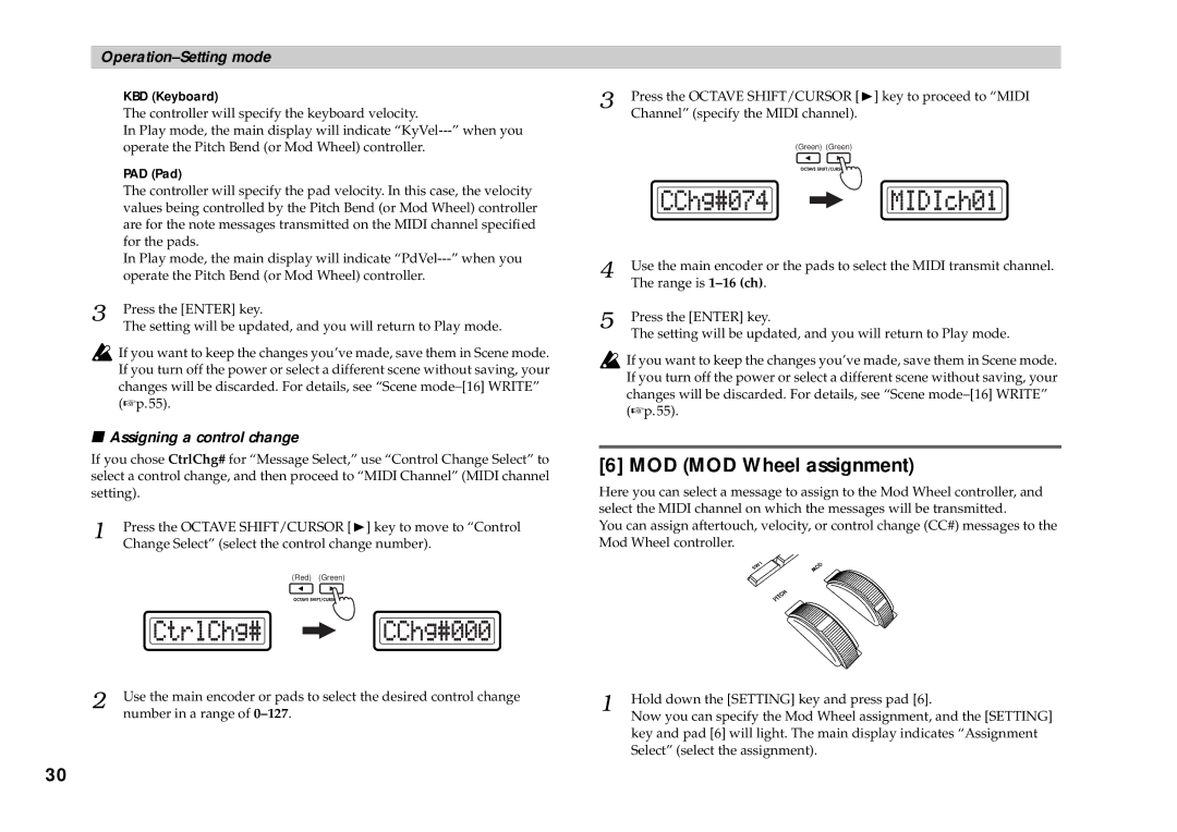 Korg KONTROL49 owner manual MOD MOD Wheel assignment, KBD Keyboard, PAD Pad 