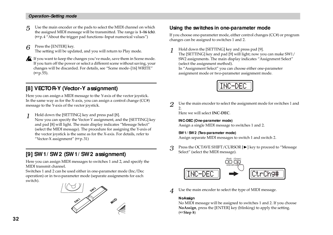Korg KONTROL49 VECTOR-Y Vector-Y assignment, SW1/SW2 SW1/SW2 assignment, Using the switches in one-parameter mode 
