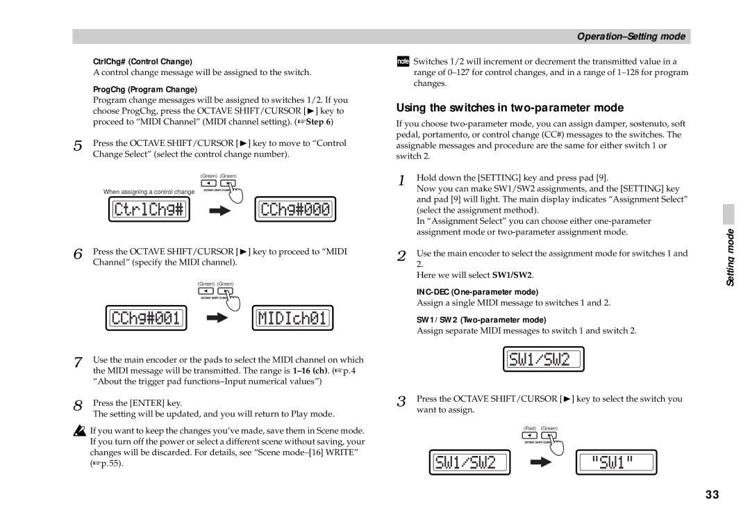 Korg KONTROL49 owner manual Using the switches in two-parameter mode, ProgChg Program Change 