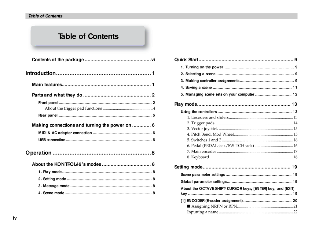 Korg KONTROL49 owner manual Table of Contents 