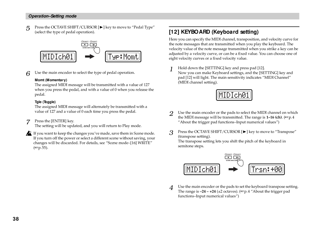 Korg KONTROL49 owner manual Keyboard Keyboard setting, Momt Momentary 