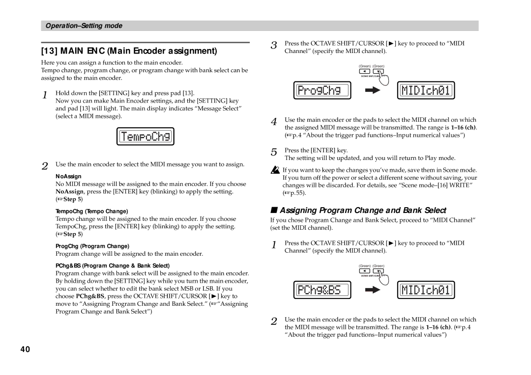 Korg KONTROL49 owner manual Main ENC Main Encoder assignment, TempoChg Tempo Change, PChg&BS Program Change & Bank Select 