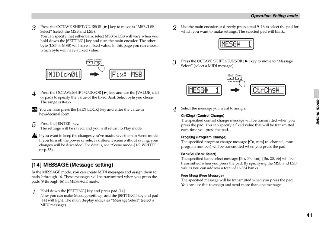 Korg KONTROL49 owner manual Message Message setting, BankSel Bank Select, Free Mesg Free Message 