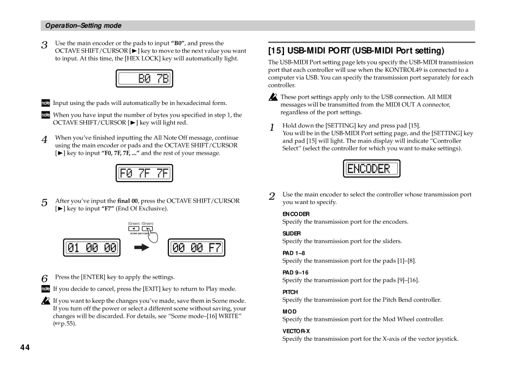 Korg KONTROL49 owner manual USB-MIDI Port USB-MIDI Port setting, Pad 