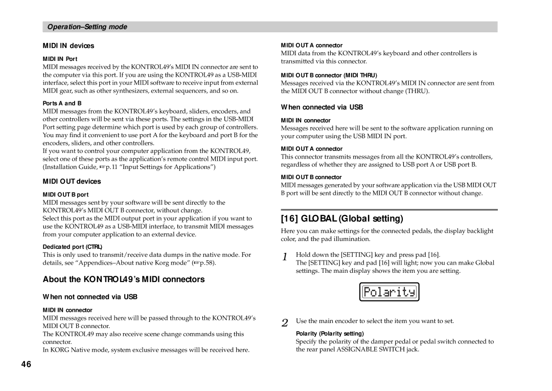 Korg owner manual Global Global setting, About the KONTROL49’s Midi connectors 