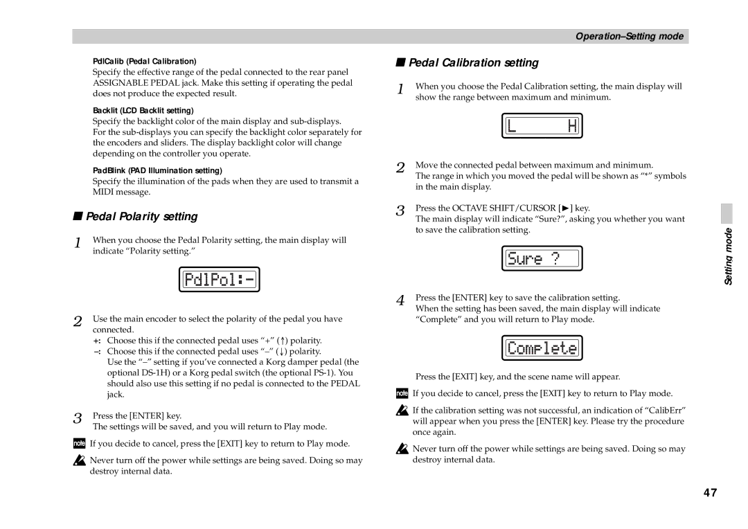 Korg KONTROL49 owner manual PdlCalib Pedal Calibration, Backlit LCD Backlit setting, PadBlink PAD Illumination setting 