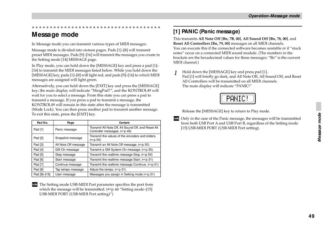 Korg KONTROL49 owner manual Message mode, Panic Panic message 