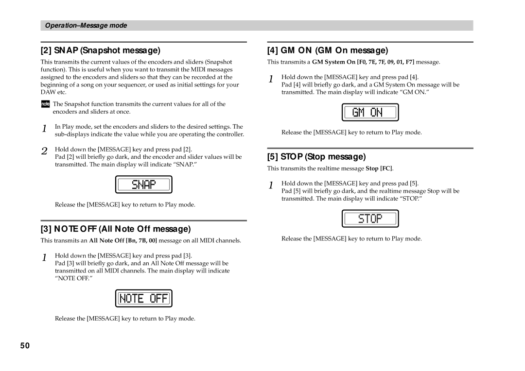 Korg KONTROL49 owner manual Snap Snapshot message, GM on GM On message, Stop Stop message 