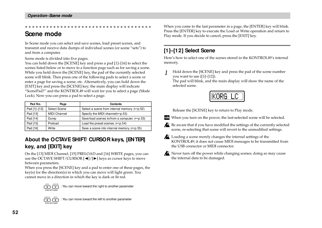 Korg KONTROL49 owner manual Scene mode, Select Scene 