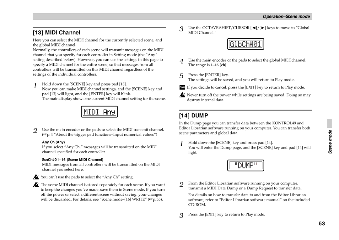 Korg KONTROL49 owner manual Dump, Any Ch Any, ScnCh#01-16 Scene Midi Channel 