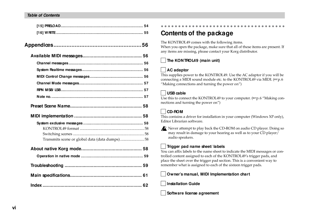 Korg KONTROL49 owner manual Contents of the package 