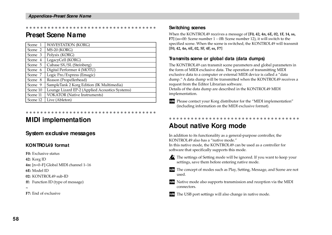 Korg KONTROL49 owner manual Preset Scene Name, Midi implementation, About native Korg mode, System exclusive messages 