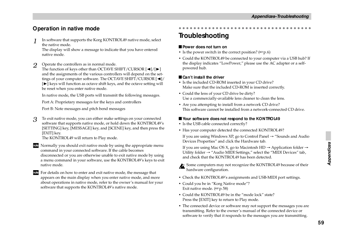 Korg KONTROL49 owner manual Troubleshooting, Operation in native mode, Power does not turn on, Can’t install the driver 