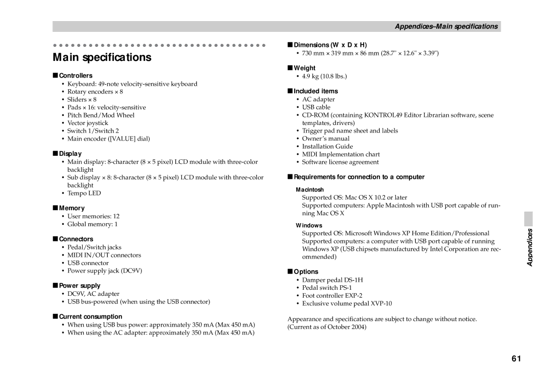 Korg KONTROL49 owner manual Main speciﬁcations 