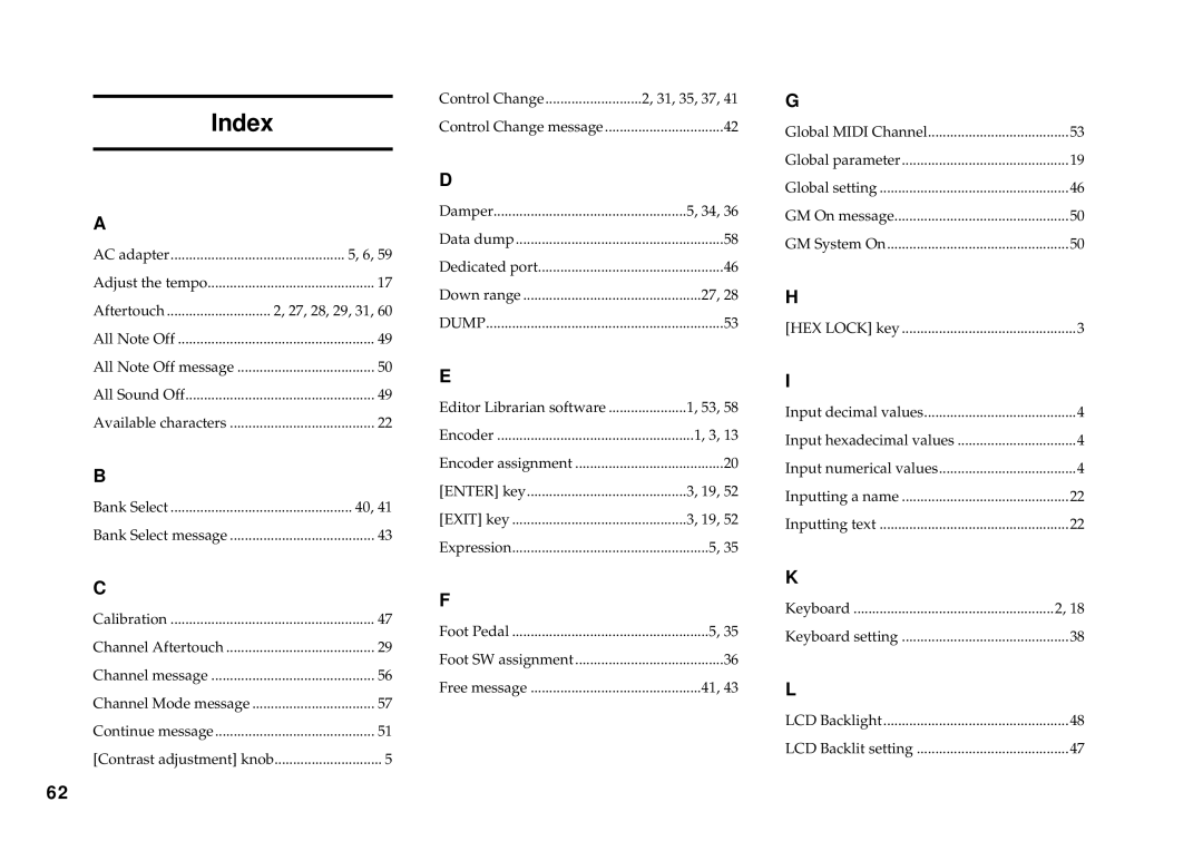 Korg KONTROL49 owner manual Index, Aftertouch 27, 28, 29, 31 