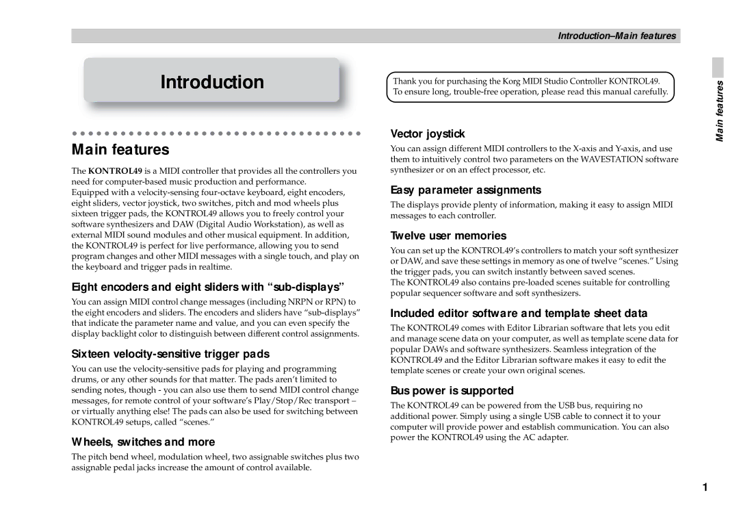 Korg KONTROL49 owner manual Main features 