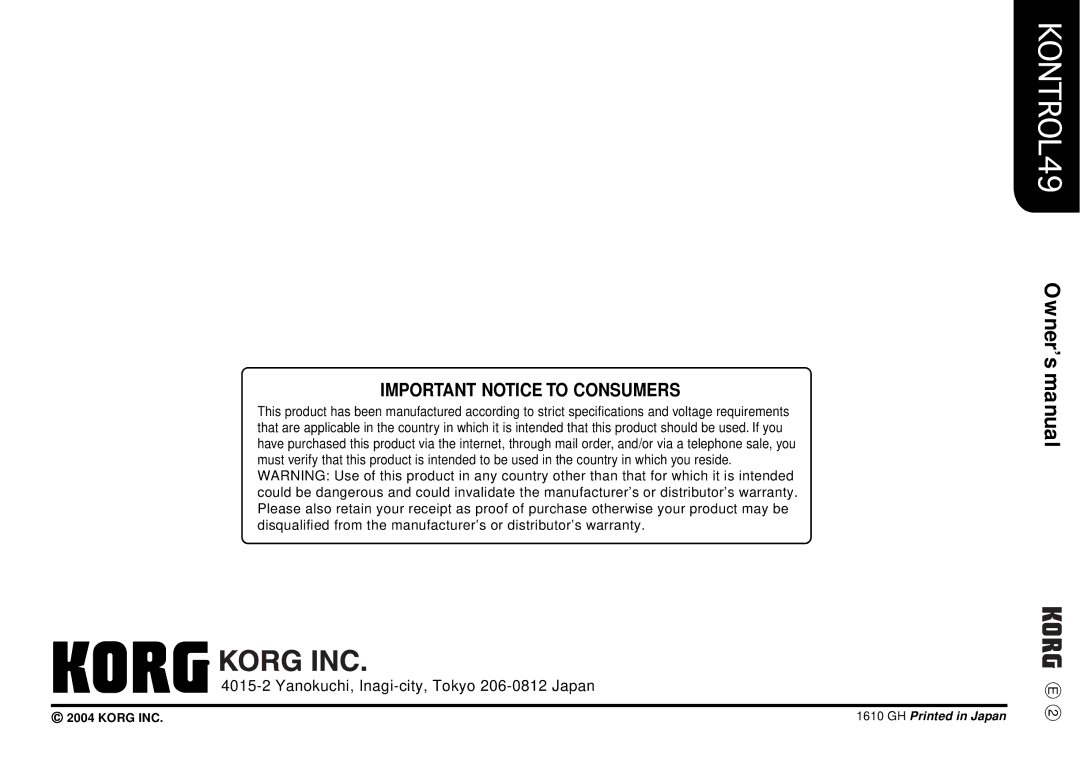 Korg KONTROL49 owner manual Important Notice to Consumers 