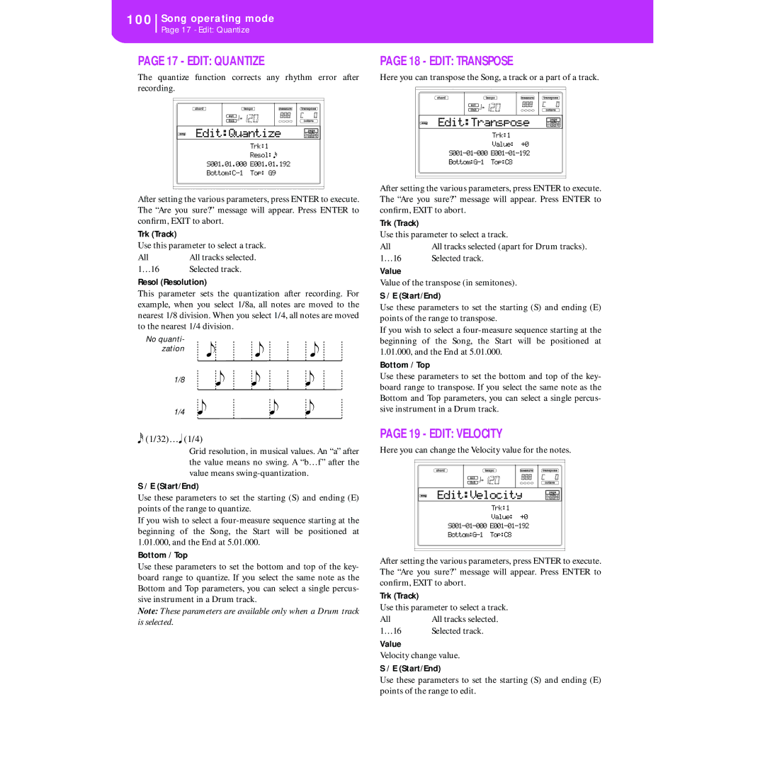 Korg KORG Pa50 user manual Edit Quantize, Edit Transpose, Edit Velocity, 32… 1/4 