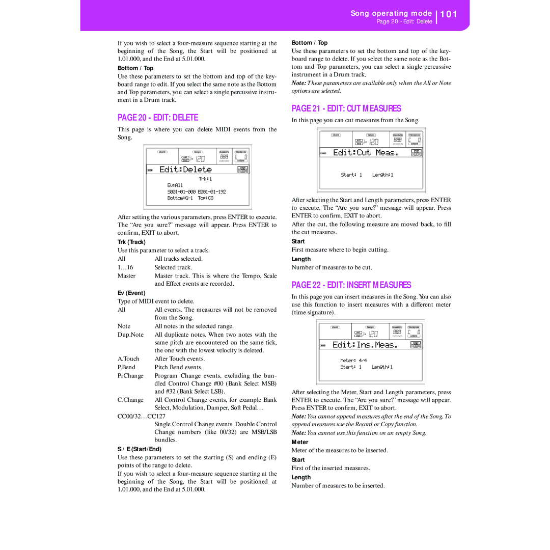 Korg KORG Pa50 user manual Edit Delete, Edit CUT Measures, Edit Insert Measures, EditCut Meas, EditIns.Meas 