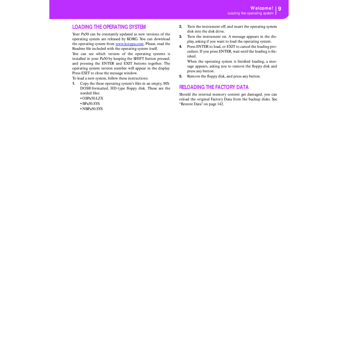 Korg KORG Pa50 user manual Loading the Operating System, Reloading the Factory Data 