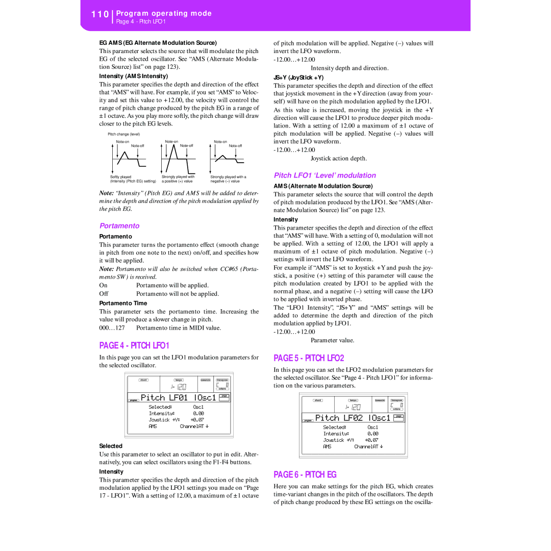 Korg KORG Pa50 user manual Pitch LFO2, Pitch EG, Portamento, Pitch LFO1 ‘Level’ modulation 