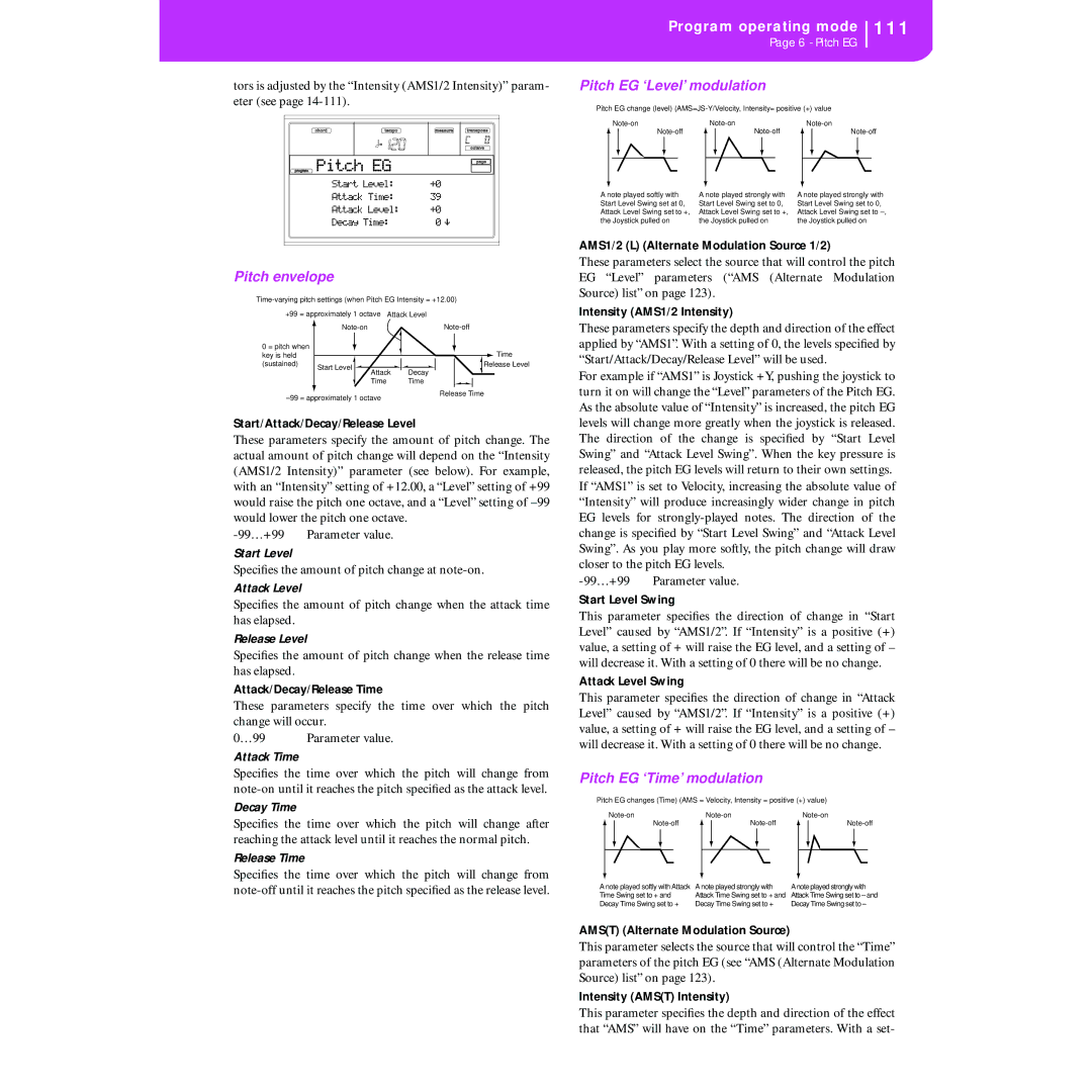 Korg KORG Pa50 user manual Pitch envelope, Pitch EG ‘Level’ modulation, Pitch EG ‘Time’ modulation 