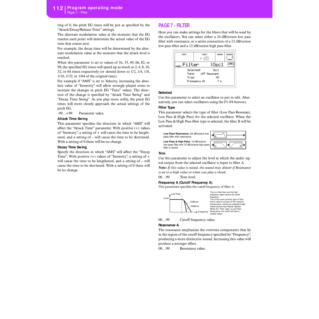 Korg KORG Pa50 user manual Filter Osc1 