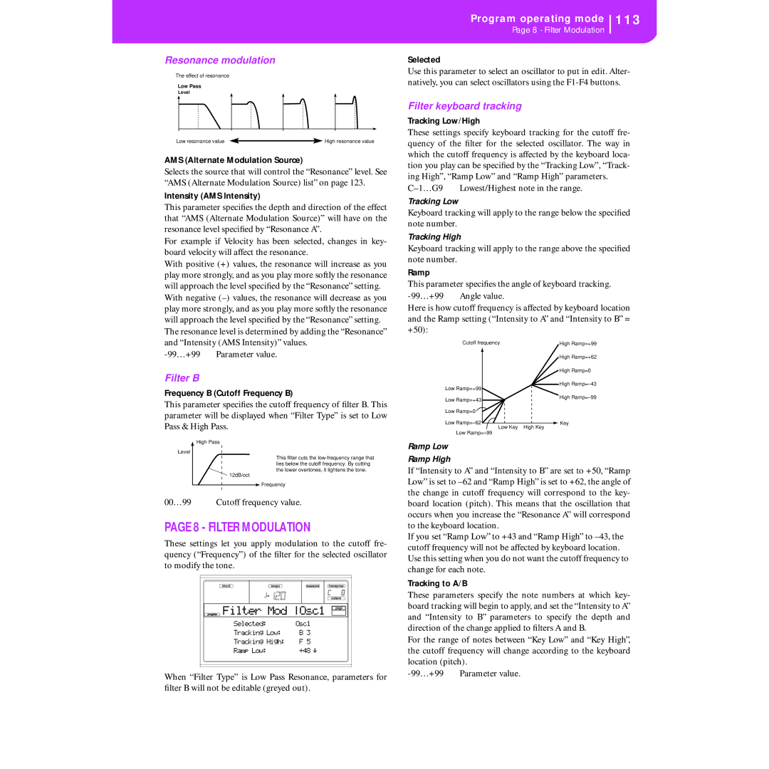 Korg KORG Pa50 user manual Filter Modulation, Resonance modulation, Filter B, Filter keyboard tracking, Filter Mod Osc1 