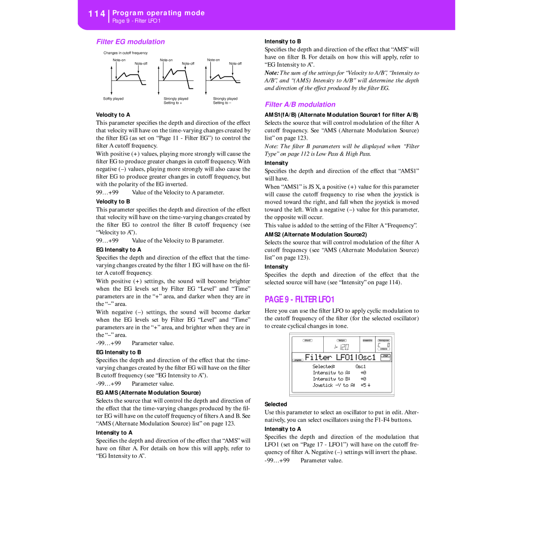 Korg KORG Pa50 user manual Filter EG modulation, Filter A/B modulation, Filter LFO1Osc1 