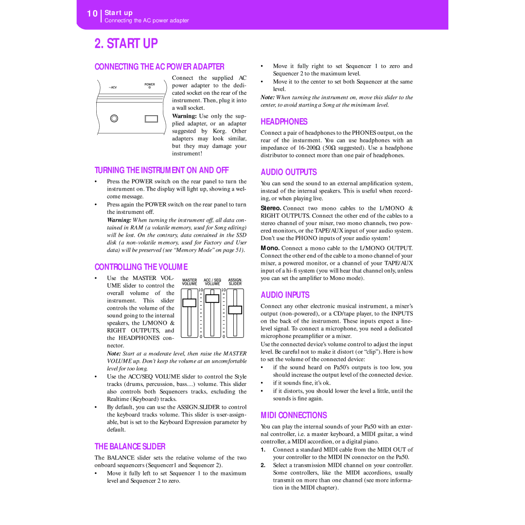Korg KORG Pa50 user manual Start UP 