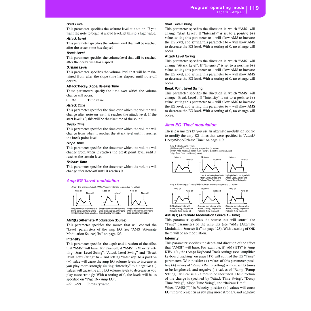 Korg KORG Pa50 user manual Amp EG ‘Level’ modulation, Amp EG ‘Time’ modulation, Break Point Level Swing 