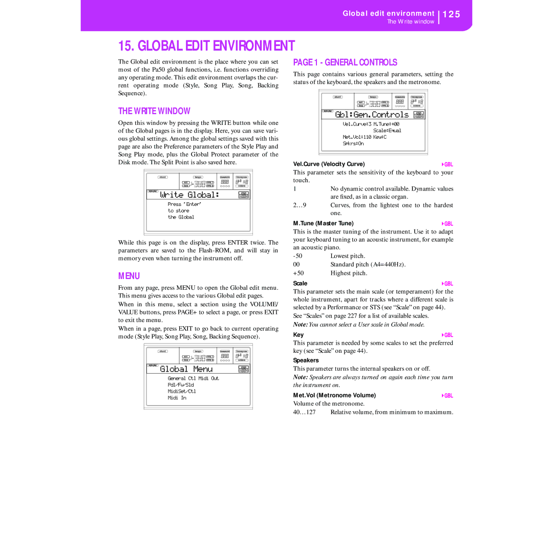 Korg KORG Pa50 user manual Global Edit Environment, 125, General Controls 