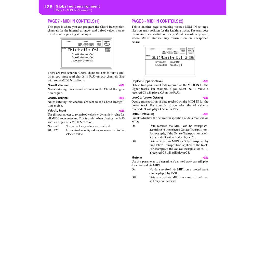 Korg KORG Pa50 user manual Midi in Controls, GblMidiIn Ctl 