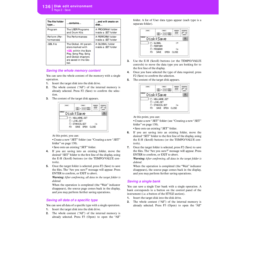 Korg KORG Pa50 user manual Saving the whole memory content, Saving all data of a speciﬁc type, Saving a single bank 