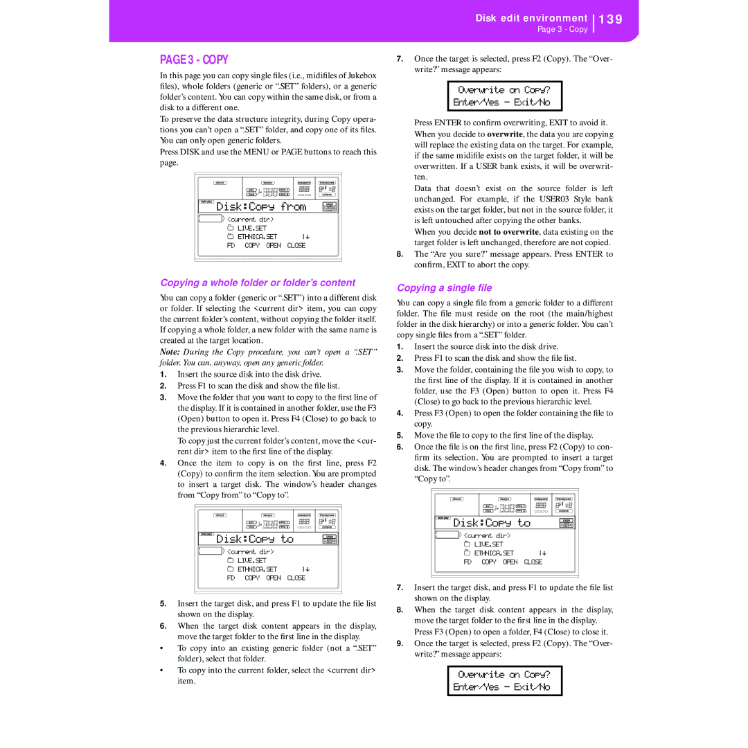 Korg KORG Pa50 user manual Copying a whole folder or folder’s content, Copying a single ﬁle, DiskCopy from, DiskCopy to 