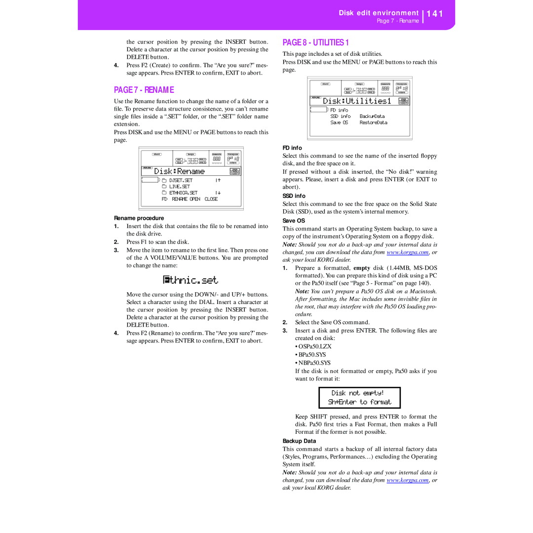 Korg KORG Pa50 user manual DiskRename, DiskUtilities1 