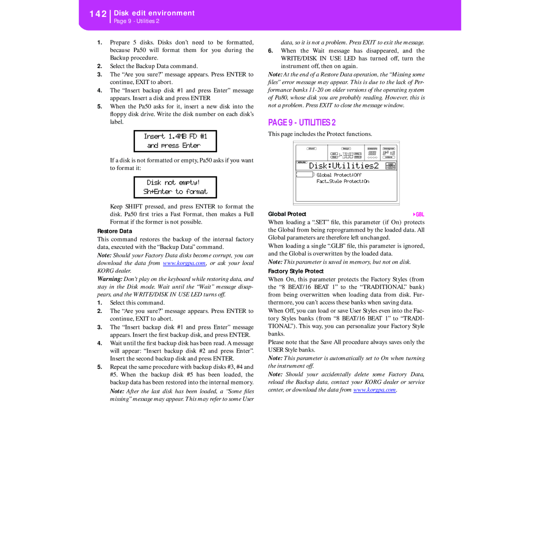 Korg KORG Pa50 user manual DiskUtilities2, Restore Data, Global Protect, Factory Style Protect 