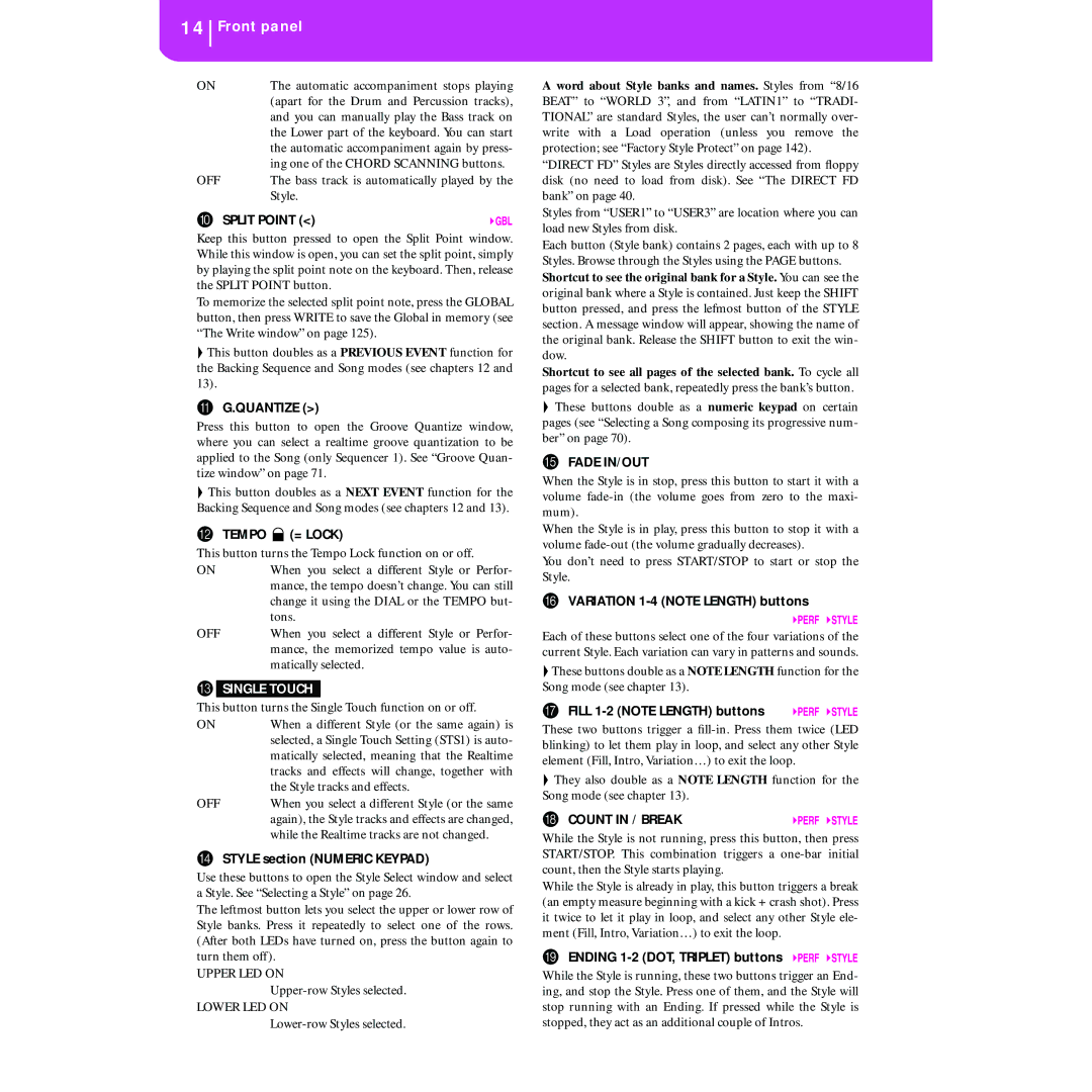 Korg KORG Pa50 user manual Style section Numeric Keypad, Variation 1-4 Note Length buttons, Fill 1-2 Note Length buttons 