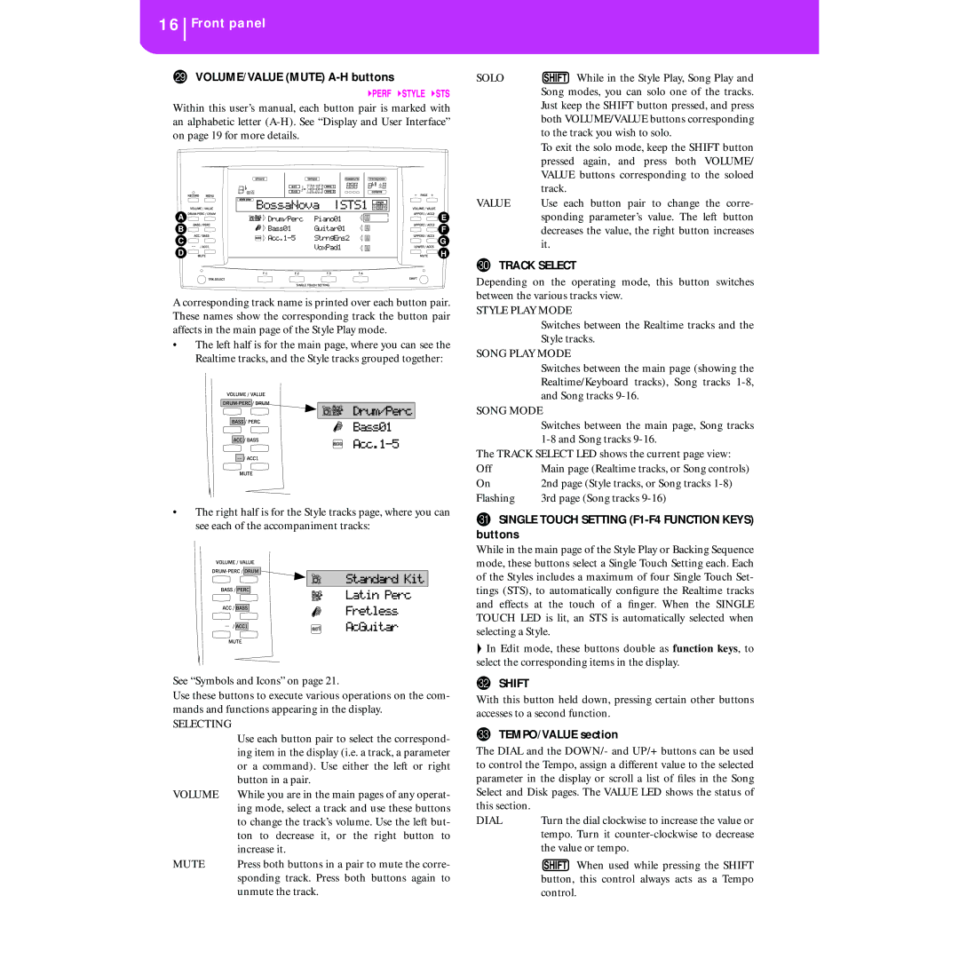 Korg KORG Pa50 VOLUME/VALUE Mute A-H buttons, Single Touch Setting F1-F4 Function Keys buttons, TEMPO/VALUE section 