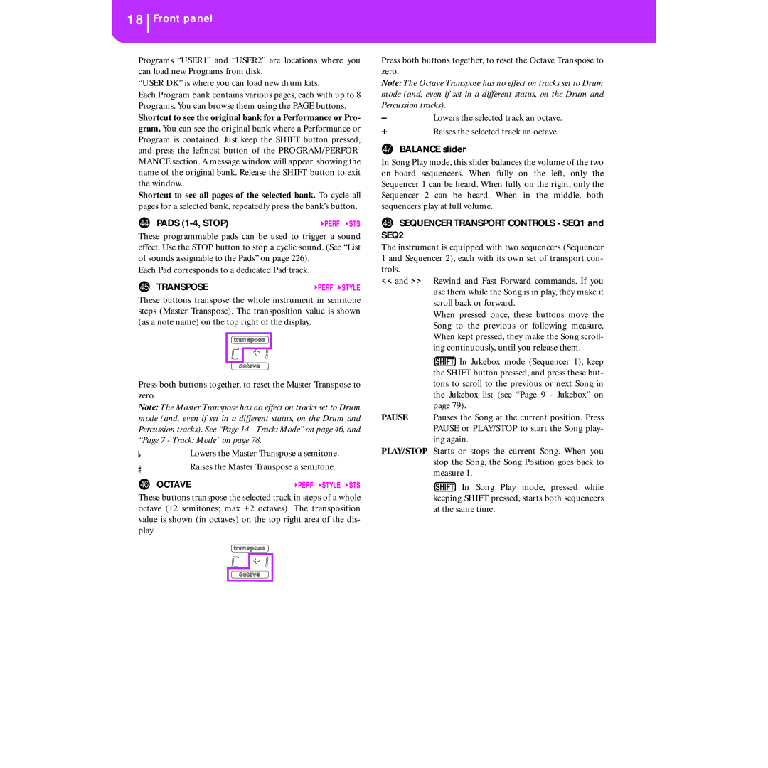 Korg KORG Pa50 user manual Pads 1-4, Stop, Transpose, Octave, Balance slider, Sequencer Transport Controls SEQ1 and SEQ2 