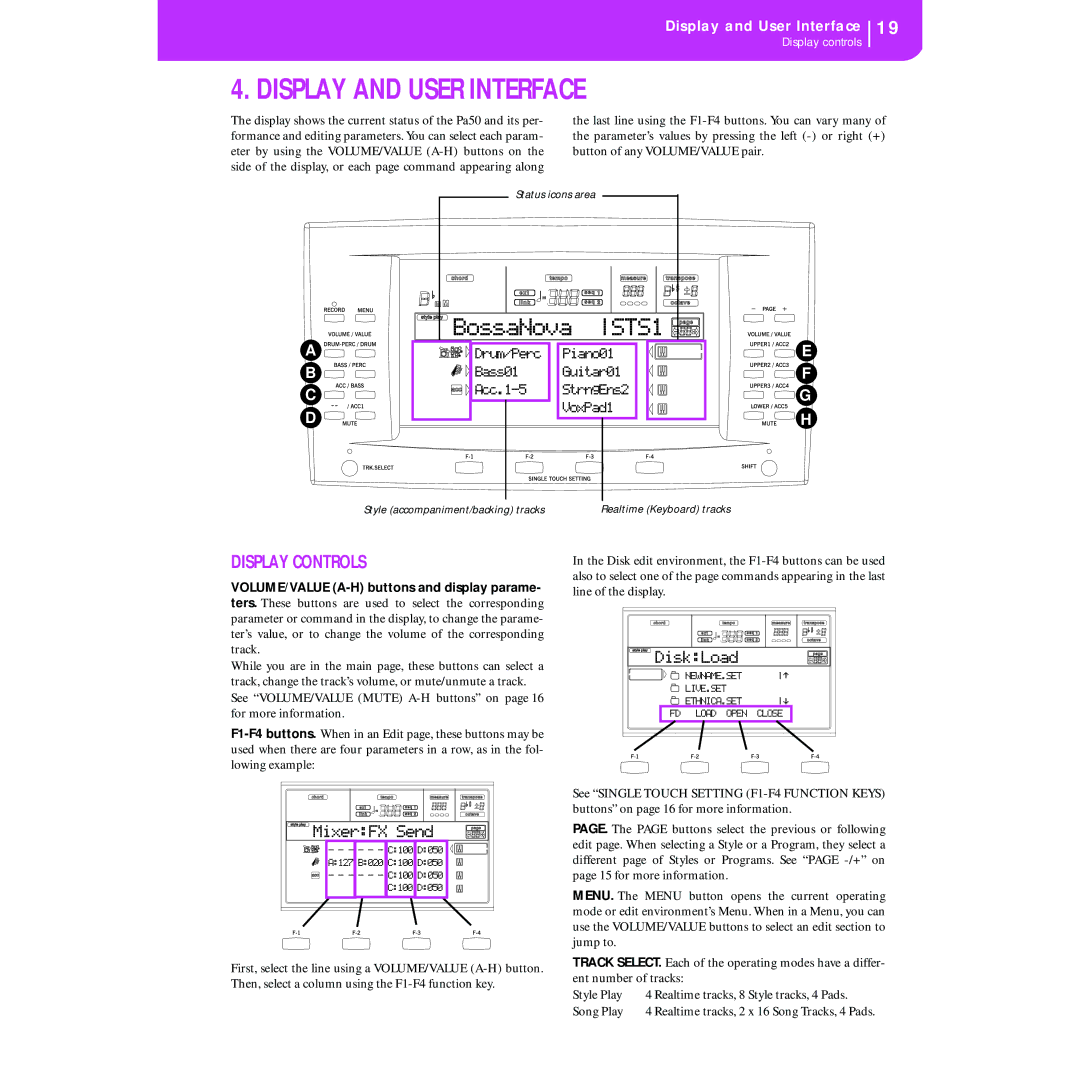 Korg KORG Pa50 user manual Display and User Interface, Display Controls, MixerFX Send, DiskLoad 